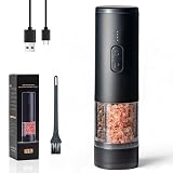 Kybelehoo Elektrische Salz- und Pfeffermühle 2 in 1, Kabellos mit Keramik-Mahlwerk, Einhändig Bedienbar, Einstellbare Grobheit, LED-Beleuchtung, Akku-Anzeige, 2 x 100 ml Doppelkammer-Schwarz