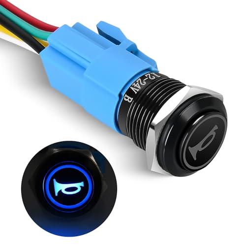 Image of Nilight 16mm 12V Momentary Horn Push Button Switch Blue LED Harness Kit | SPDT 1NO1NC metal switch with detachable tail plug socket, blue ring light, and 5A rating