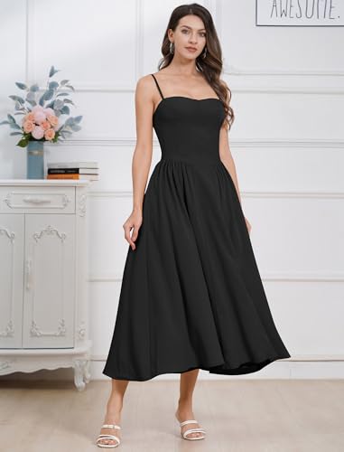 Image of ABEHIK Women Floral Corset Dress Boho Spaghetti Strap Lace Up Casual Midi Dresses with Pockets Low Cut Flowy Bustier Sundress