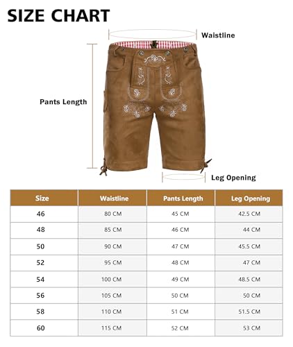 AMZHOTER Lederhose Herren Tracht Oktoberfest Trachtenhose Trachtenlederhosen Kurz Lederhosen Mann Braun bayrische Trachten Hose Trachtenmode mit Hosenträger Hellbraun 48