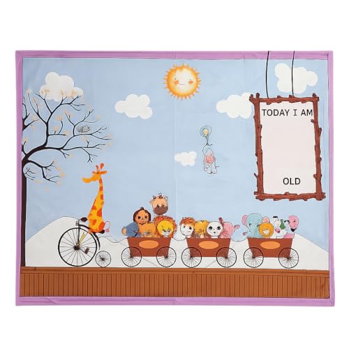 Image of Growth Keepsake Baby Blanket 51 * 43 Inch Monthly Age Marker Blanket Giraffe Train Themed Cartoon Printed Background Washable Foldable Infant Play Mat