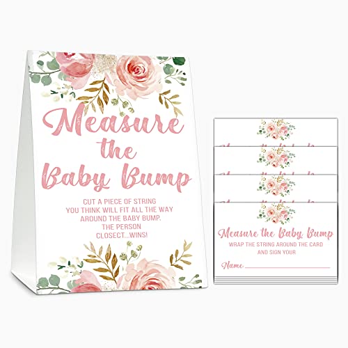Baby Shower Game Set, Measure The Baby Bump(1 Standing Sign + 50 Find Cards), Floral How Big is Mommy's Belly Party Game, Blush Pink Baby Shower/Gender Reveal Party Favor Decor(A02)