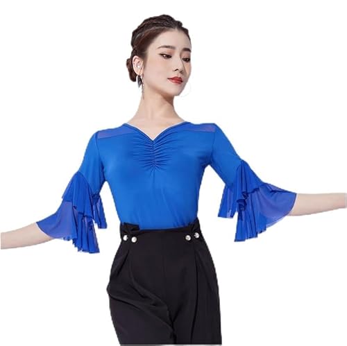 Yhhsgscr Women's Medium Sleeve Latin Dance Tops V Neck Tango Ballroom Dancing Clothing Training Outfit for Rumba Slim Fit,Blue,M
