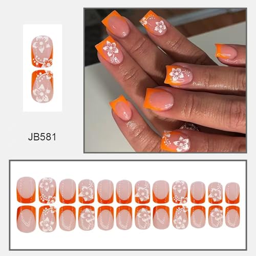 Image of NBNTGH Orange French Tip Glue On Nails, 24 Pcs Short Square ABS Acrylic Full Cover Stick On False Nails, Reusable, Glossy, Spring /Summer Press On Nails
