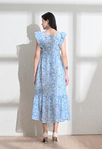 Image of IUGA Georgette Jacquard Butti Square Neck Knee Length Western Dresses for Women
