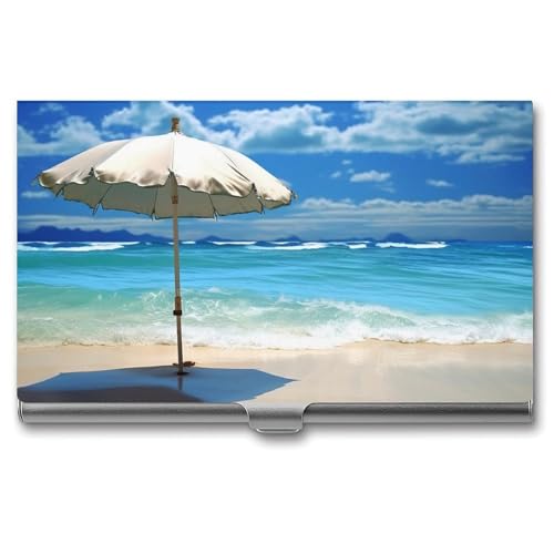 Slim Metal Business Card Holder - Umbrella on Beach Aluminum Alloy Card Case with Buckle Closure, Holds 20 Cards & Cash, Professional Credit Card Size ID Holder for Men Women Gift