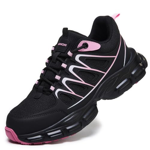Steel Toe Shoes for Men - Lightweight Non Slip Work Shoes Women - Comfortable with Kevlar Midsole Safety Sneakers for Construction Warehouses Factories - Black & Pink - Men Size 8 & Women Size 9.5