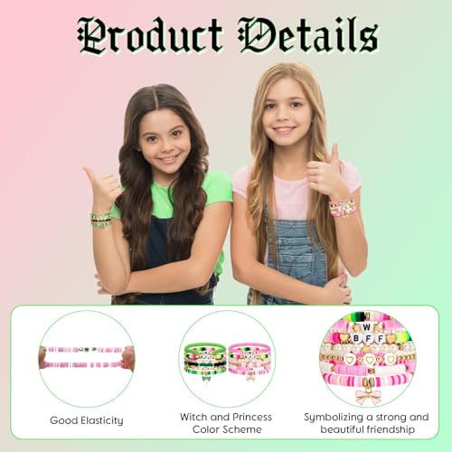 12 Pcs Witch Princess Pink Green Bracelets Friendship Bracelets Preppy Clay Bead BFF Wristbands Bulk for Birthday Party Favor Cosplay Outfit Movie Fans Merch Gifts3