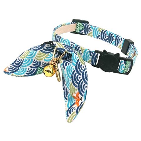 PetSoKoo Unique Bunny Ears Bowtie Cat Collar,ShibaInu Cloud Print,Japan Traditional Lucky Charm and golden bell.Safety Breakaway,Light Weight,Soft,Durable Cover
