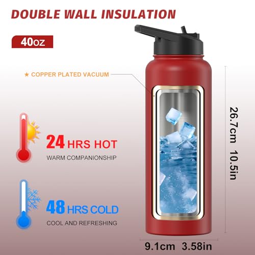 Image of 40oz Insulated Water Bottle (Cold for 48 Hrs),BPA Free&Leak Proof,Stainless Steel Water Flask,Water Jug with Straw Spout Lids for Gym,Hiking,Travel,Red