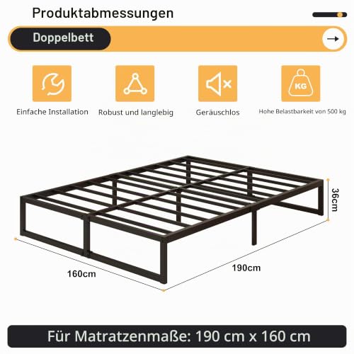 Yicensen Metallbett 160x190 cm mit Lattenrost, 36cm Höhe, Schwarz – Ansicht 2