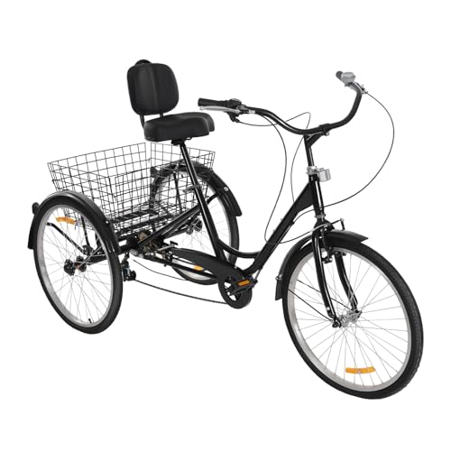 Mqwdxzfes 24 Zoll Dreirad für Erwachsene, 7-Gang 3-Rad Einkaufsdreirad mit Einkaufskorb,...