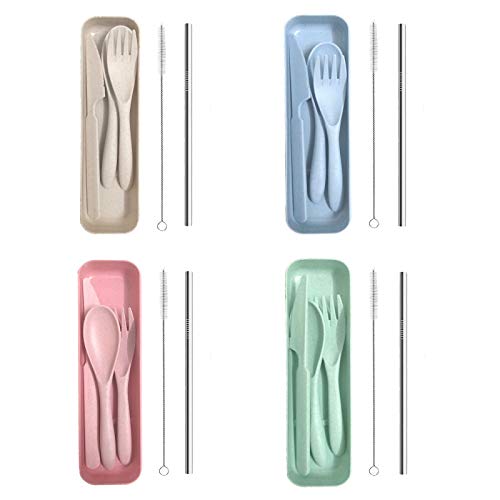 tragbares Besteck, 4 Sätze Tragbares Besteck Weizenstroh Besteck, Weizen Stroh Löffel Gabel Messer Reinigungsbürste Geschirr Set für Reisen im