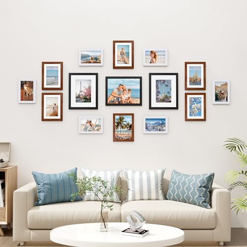 Image of Vittanly 15 Pack Picture Frames Collage Wall Decor, Multi Sizes Including 3pcs 8x10, 6pcs 5x7 and 6pcs 4x6 Photo Frames, Gallery Frame Set for Wall or Tabletop Display, Black, Walnut Brown and White