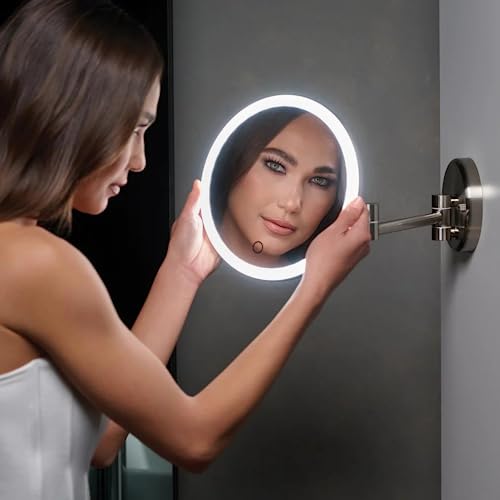 Ilios Lighting Miroir de maquillage mural rechargeable à LED sans fil avec bras d'extension pliable et batterie rechargeable longue durée 3 fois plus lumineuse que la plupart des miroirs éclairés (1 x
