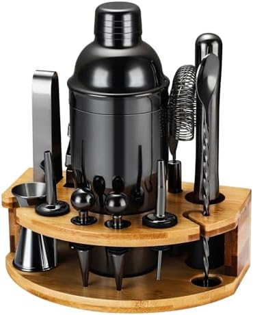 Cocktail Shaker Set Bartender Kit with Stand, 12 Piece Bar Set Drink Mixer Set with Stainless Steel Bar Accessories Tools: 25oz Martini Shaker Jigger Strainer Spoon Muddler for Cocktails (Black) - Thumbnail 2