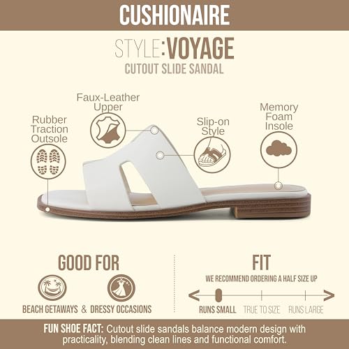 Image of CUSHIONAIRE Voyage Cutout Strap Slides for Women, Slip On Summer Flats, Trendy Footwear, Memory Foam Vegan Leather Comfortable Vacation Style Sandals