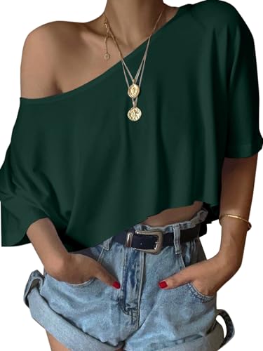 SOFIA'S CHOICE Women's Off The Shoulder Crop Tops Loose Boat Neck Short Sleeve T Shirt Dark Green Medium