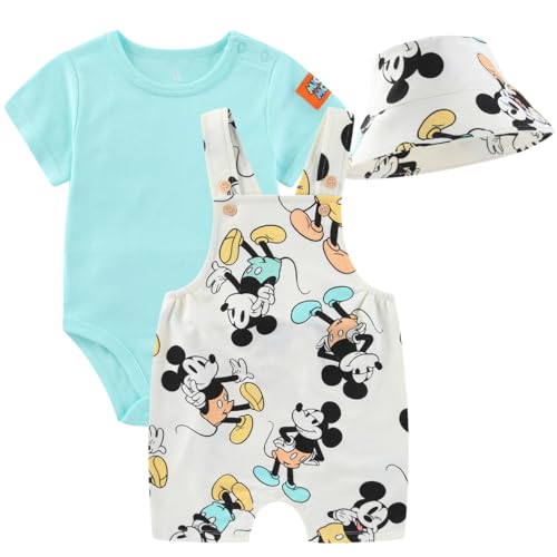 Image of Disney Winnie the Pooh Baby Boys Shortall French Terry Overalls Bodysuit and Bucket Hat 3-Piece Set For Newborn Infant