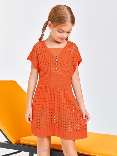 Image of Haloumoning Girls Crochet Swim Beach Cover Up Kids Fashion Button Short Sleeve Swimsuits Cover Ups 5-14 Years