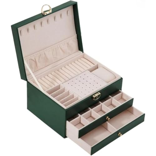 AKILERヴィンテージジュエリーボックスオーガナイザーリングとネックレス用大容量3層PUレザー引き出し付き鍵付きおしゃれ人気イヤリングピアスブレスレットなど小物入れ収納母の日のギフトに結婚式記念日誕生日プレゼント (グリーン,23*17*13.5cm)