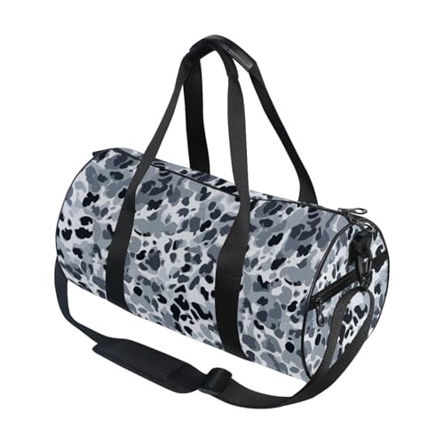Gray Leopard Print Sports Duffel Bag Durable Full Print Barrel Gym Bag with Large Main Pocket, Side Zippered Compartment for Training Gear Sportswear and Travel Essentials