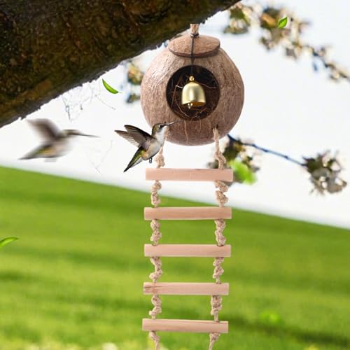 Image of Briwooody Coconut Shell Bird Nest House Breeding Bed Nestingand Anti-pecking Bite with Natural Coir Fiber Bird Nest Toy Bell for Parrot Budgie Parakeet Cockatiel Conure Lovebird Canary Finch (Stylish)