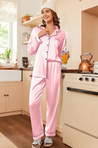 Image of Ekouaer Women's Classic Button Down Long Satin Silk Pajama Set