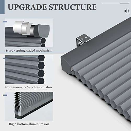 Bliwans Cellular Shades, Blackout Blinds, Cordless Polyester Honeycomb Blinds For Windows, Room Darkening, Pleated Window Shades For Bedroom, Home, Bathroom, Office, Kitchen, 34" W X 64" H, Grey #TOP3