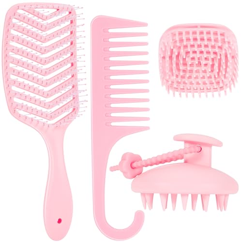 STYLEMATE 4PC Shower Hair Brush Set for Women Wide Tooth Detangling Comb for Fine & Thick Hair Silicone Scalp Massager Hair Growth - Pink