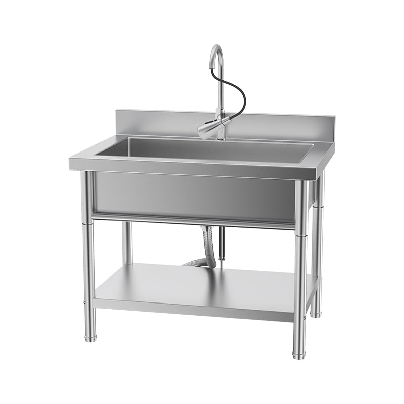 Image of 39 inch Stainless Steel Utility Sink with Workbench, Freestanding Single Bowl Laundry Sink with Hot & Cold Water Connection, Large Garage Sink for Kitchen, Farmhouse, Outdoor & Commercial Use