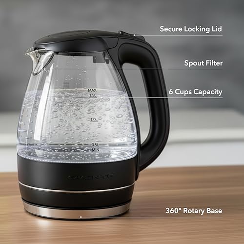 Image of OVENTE Electric Kettle, 1.5L Borosilicate Glass Countertop Water Heater and Boiler for Coffee or Tea, BPA-Free, Auto Shut-Off, Boil-Dry Protection, Removable and Washable Spout Filter, Black KG83B