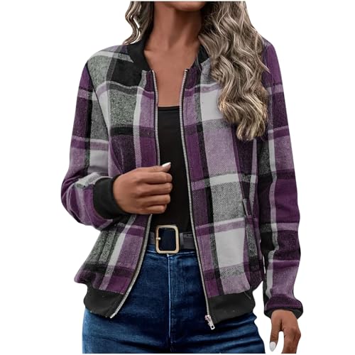Plaid Bomber Jackets for Women Full Zip Up Womens Fashion 2025 Trendy Fall Coats Flannel Shackets