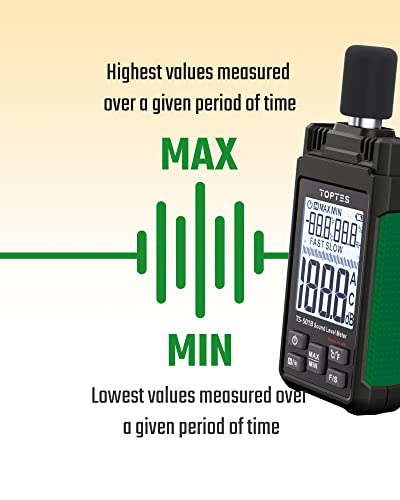 Image of Decibel Meter, TopTes TS-501B Sound Level Meter with 2.25 inch Backlit LCD Screen, A /C Weighted, Range 30-130dB, Temperature & Humidity, MAX /MIN, Data Hold, Use for Home, Noisy Neighbor, Factory - Green