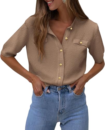 PRETTYGARDEN Women's Summer Button Down Shirts Casual Short Sleeve Crew Neck Ribbed Knit Blouse Top Cardigans (Khaki,Large)