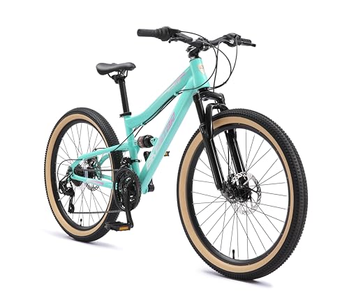BIKESTAR Kinder Fahrrad Fully Mountainbike 21 Gang Shimano, Scheibenbremse ab 8 Jahre | 24 Zoll Kinderrad MTB | Mint