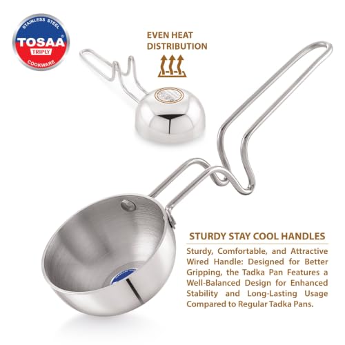 Image of TOSAA TRIPLY TADKA PAN 12 CM (500 ML), with Innovative Handle, Perfect for Tempering Spices, Heating Oil, and preparing tadka for dal, Curry, and Everyday Dishes.
