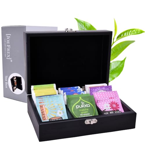 wooden tea box organizer - tea box for tea bags organizer - Black Hardwood tea chest with 6 Compartments - tea storage box multi functional - wood tea box organizer by [JoeFrex]