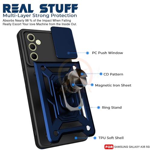 Image of Armor Bumper Back Cover Case for Samsung A35 5G | Rotating Camera Cover, Ring Holder & Kickstand | Heavy Duty & 360 Degree Protection Samsung A35 5G Back Cover (Blue)