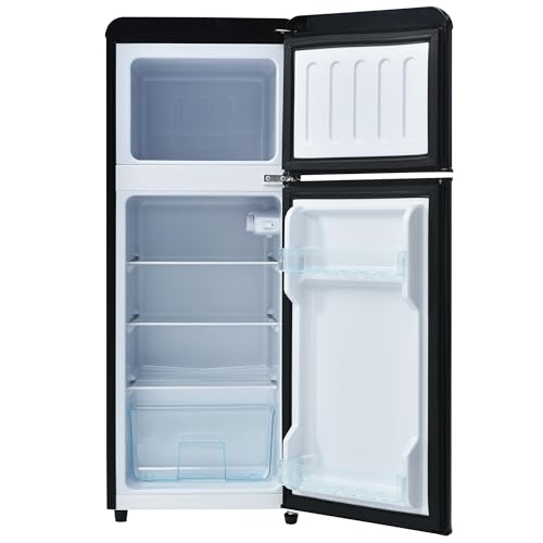 WEALTHKING Réfrigérateur combiné rétro 2 portes avec compartiment congélateur indépendant, température réglable 7 niveaux, étagères intérieures ajustables, éclairage LED, pieds stabilisateurs (Noir)