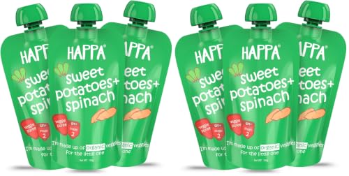 Image of Happa Organic Baby Food Sweet Potato and Spinach Puree | 100% Fruits and Vegetables | No Added Sugar, No Milk Powder, No Preservatives | Stage 2 (6 Months+) | Ready to Eat | Free from Common Allergens | Pack of 6 (100g Each)