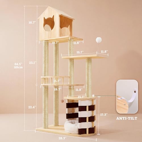 YITAHOME Stable Pine Wood Cat Tree, Multi-Level Cat Tower with Cat House, Observation Perches, Sisal Scratching Posts & 2 Interactive Sisal Balls, Cat Furniture - Thumbnail 2