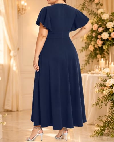 Image of Pinup Fashion Plus Size Formal Wedding Guest Cocktail High Low Long Dress | Elegant wrap v-neck, flutter sleeves, empire waist, hi-lo split ruffle hem, evening, mother of bride /groom, easter