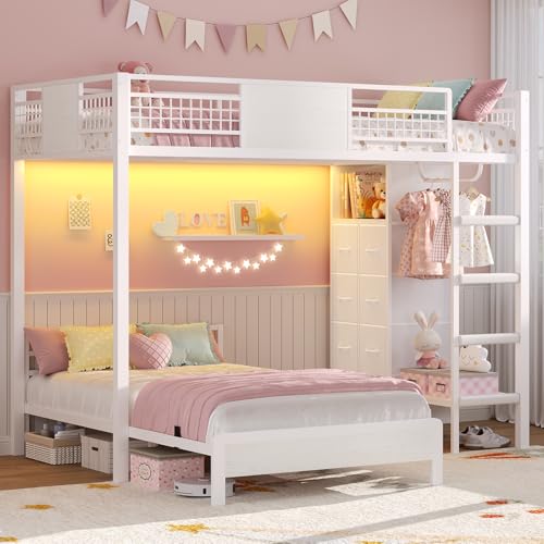 ADORNEVE Bunk Bed Twin Over Twin Size with 8 Storage Drawers, Twin Bunk Beds with Led Lights & Storage Shelves, Metal Loft Bed with 13.4