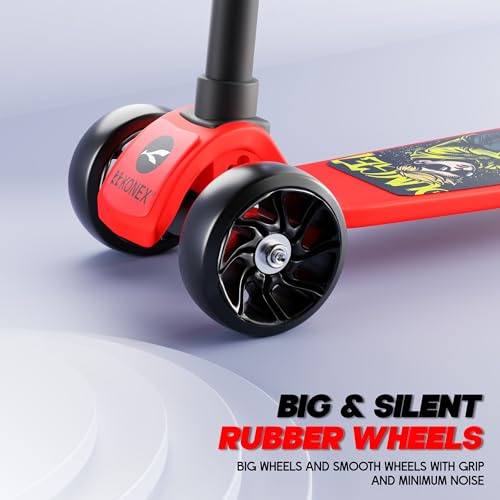 Image of Konex Kick Scooter for Kids (2+ Years) | 3 Broad Rubber Wheels for Smooth Ride | 4-Level Height Adjustable Handle | Foldable & Portable with Back Brake (Red-Black, ECO)