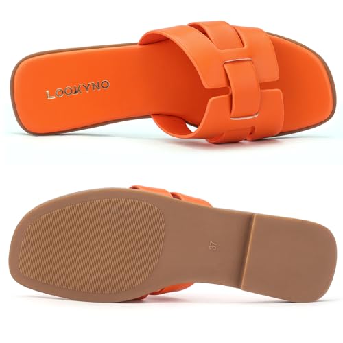 Image of Flat Sandals for Women Comfortable Slip On Dressy Summer Leather Slides with Square Open Toe