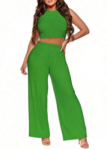 MOEENCN Women's 2 Piece Outfit Casual Lounge Set - Comfy Rid Knit Crop Top and Flare High Waisted Pants Sweatsuit Trendy Tracksuit for Women Green S