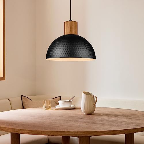 Elyona Industrial Pendant Light, Rubber Wood Dome Hanging Lamp With 12 Inch Hammered Metal Shade, Modern Pendant Light Fixtures For Kitchen Island thumb #7