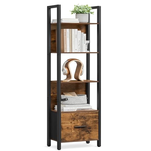 VASAGLE 5-Tier Bookshelf, Book Shelf with Drawer, Industrial Bookcase, with Steel Frame, for Living Room, Home Office, Bedroom, 9.4 x 15.7 x 65 Inches, Rustic Brown and Black ULLS146B01