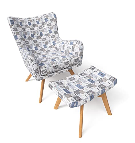 Supellex Sessel Manhattan mit Hocker, Design Patchwork Maritime Motive